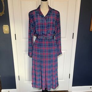 Vintage Talbots Blue Red Green Plaid Silky Long Sleeve Collared Maxi Dress